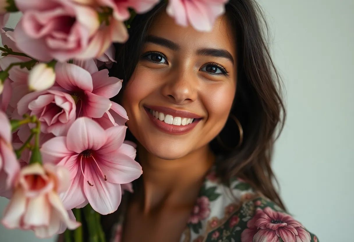 An elegant senior woman stands beside a beautifully arranged bouquet of flowers, illuminated by diffused daylight on an overcast day. The soft, moody atmosphere highlights her warm smile and stylish floral-patterned outfit, creating a harmonious blend with the surrounding blooms. The hyperfocal depth ensures sharpness in both her expression and the bouquet details, creating a visually captivating scene.