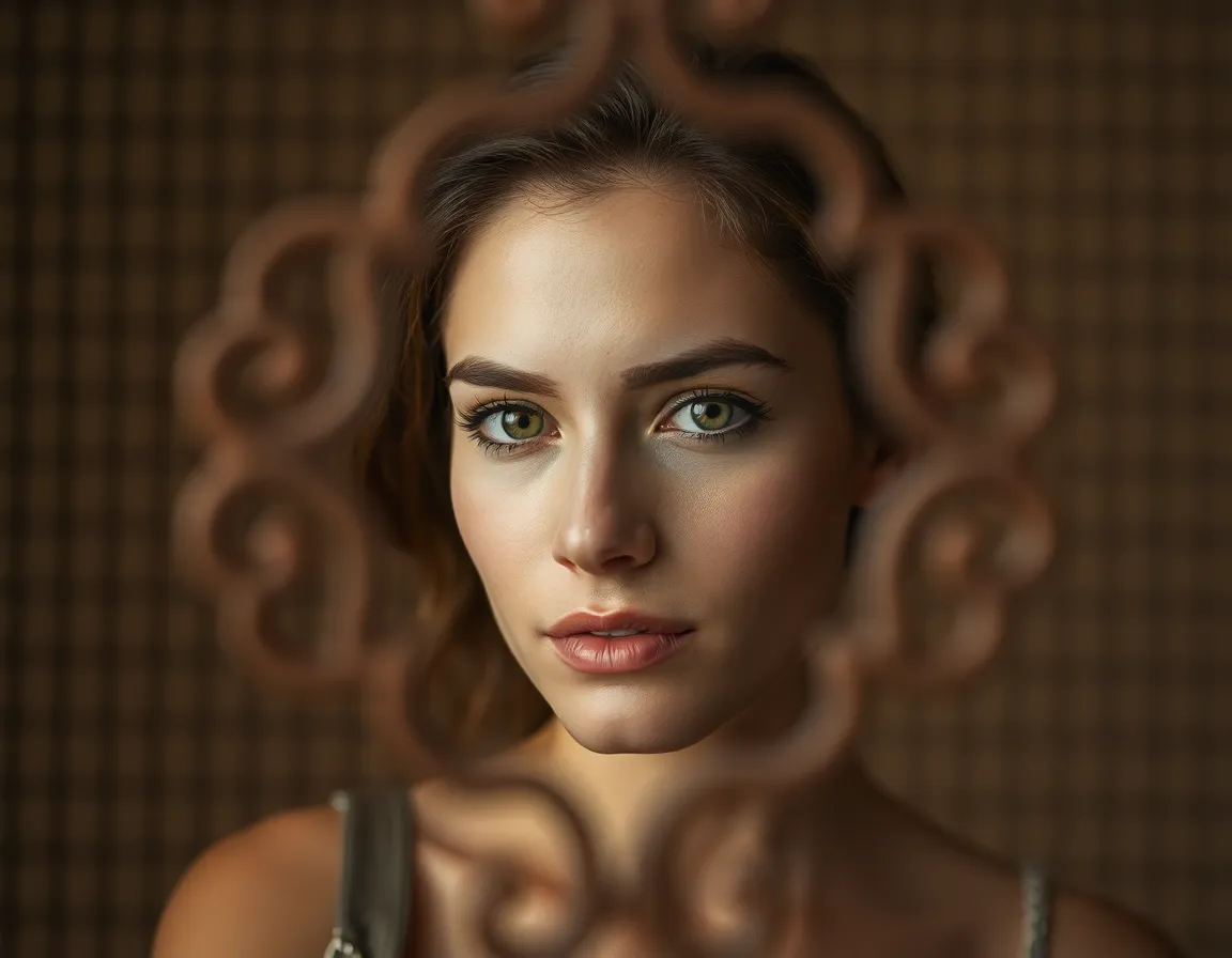 In a beautifully styled studio, a senior woman sits gracefully, elegantly dressed in a flowing fabric gown. The Rembrandt lighting casts soft shadows on her face, highlighting her expressive features and showcasing her natural skin texture. The muted color palette enhances the serene mood, while the decorative screen in the foreground adds depth and elegance. This portrait captures the timeless beauty of maturity, exuding confidence and grace.