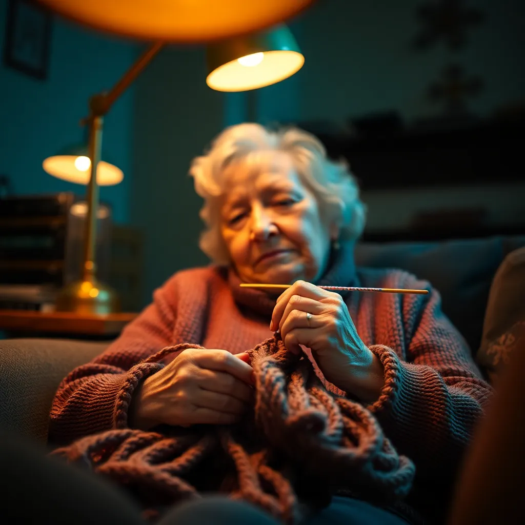 Elderly Woman Knitting in Cozy Living Room