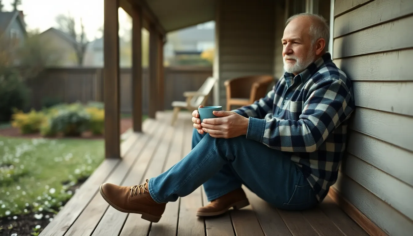 This tranquil image features a senior man enjoying a peaceful moment on his wooden porch, sipping a steaming cup of coffee. Bathed in soft morning light, he embodies a sense of calm and relaxation, dressed in cozy flannel attire. The muted earth tones and the texture of the wooden surroundings enhance the peaceful atmosphere, making this an ideal stock image for themes of leisure, morning routines, and the simple pleasures of life.
