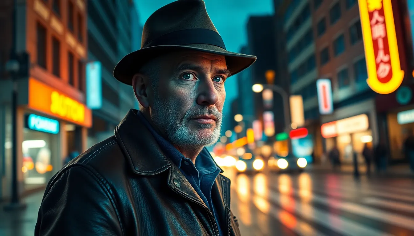 A stylish senior man, donned in a classic fedora and vintage leather jacket, stands confidently on a lively city street at twilight. Dramatic lighting creates striking shadows that enhance his features, while cinematic teal and orange tones intermingle, evoking nostalgia. The bustling urban environment, with reflections of neon lights on the wet pavement, adds energy and texture to the scene, drawing the viewer's eye toward him.