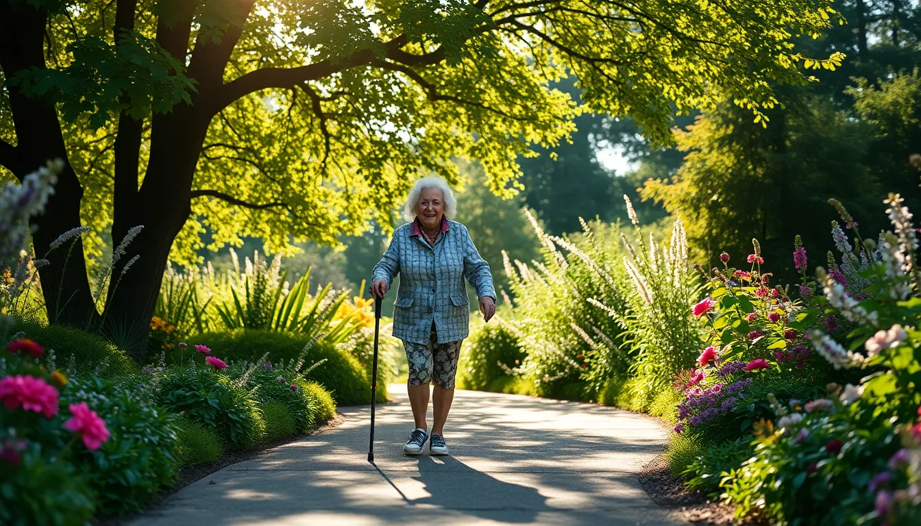 A vibrant scene capturing a senior woman walking along a sun-dappled forest path, dressed in a flowy floral dress and a wide-brimmed sun hat. The lush green surroundings create a rich backdrop, emphasizing her joyful spirit as she laughs amidst nature. The use of leading lines draws the viewer's eye along the path, enhancing the sense of movement and vitality. The saturated colors evoke a sense of warmth and happiness, highlighting the beauty of her connection to nature.
