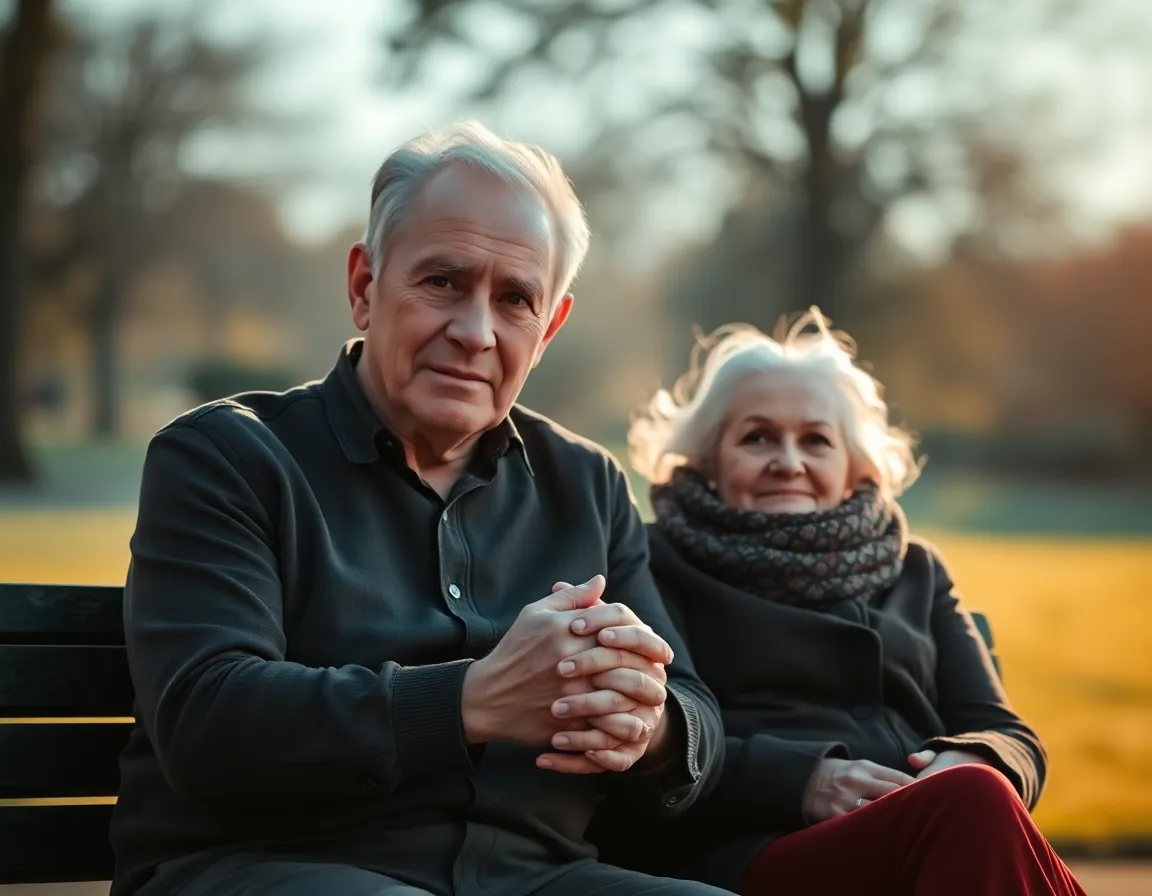 This emotionally charged image portrays a senior couple sitting closely on a park bench, lost in a moment of connection. The dramatic lighting and color grading create a cinematic feel, emphasizing their loving expressions and the details of their weathered hands and textures of their clothing. The background softly blurs, drawing attention to their intimate bond.