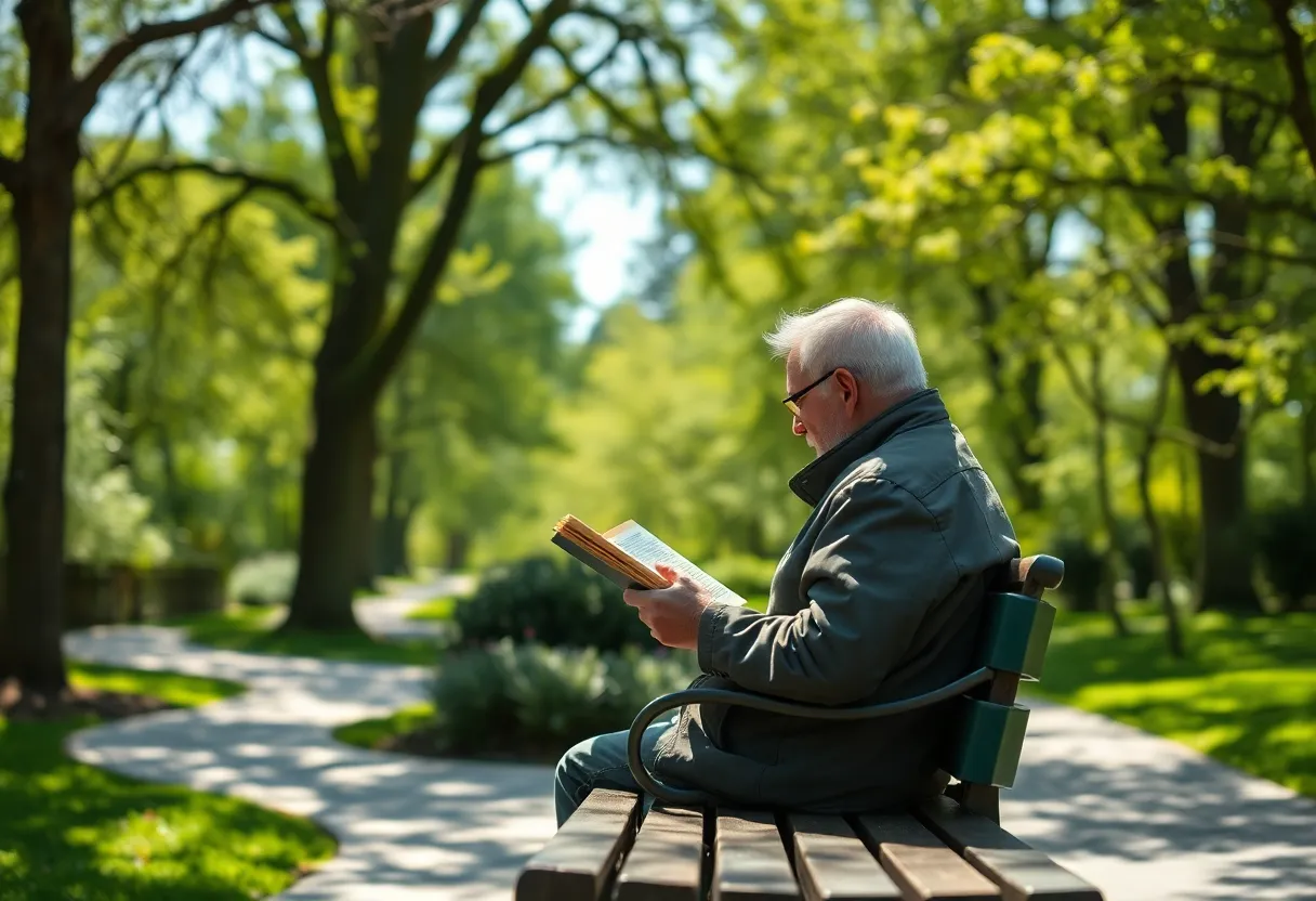 An elderly man sits comfortably on a park bench, engrossed in a book beneath the dappled sunlight filtering through tree leaves. The vibrant greens and browns of the surrounding nature create a picturesque backdrop, while the intricate details of the fabric of his jacket and the book come to life in sharp focus. This tranquil scene encapsulates the joy of reading and reflection in nature's serene embrace.