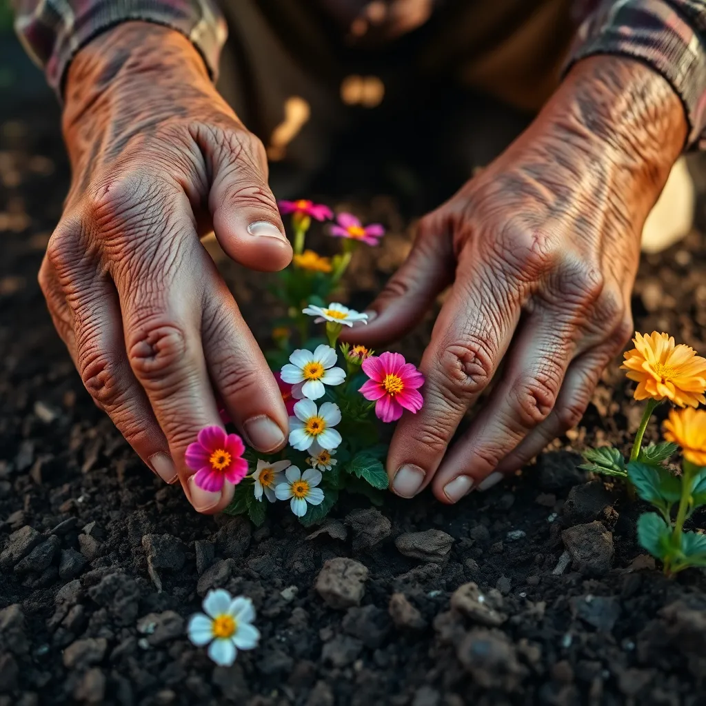 This intimate close-up showcases the hands of an elderly gardener lovingly tending to colorful flowers in lush, dark soil. Illuminated by natural light, the textures and details of the hands tell a story of years spent nurturing life. The vibrant petals of the flowers contrast beautifully with the earthy tones of the soil, creating a striking visual. This image beautifully encapsulates the connection between age, wisdom, and the nurturing of nature.