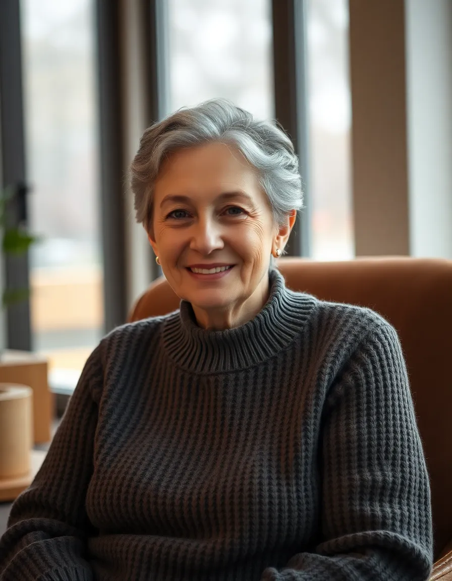 An intimate portrait of a senior woman sitting in a cozy armchair by a window, bathed in soft, diffused daylight. She wears a knitted sweater that adds warmth to the scene, and her gentle smile conveys a sense of comfort and approachability. The muted color palette complements her soft gray hair, highlighting her wisdom and experience. The subtle background bokeh draws focus to her expressive eyes, creating a heartfelt connection with the viewer.