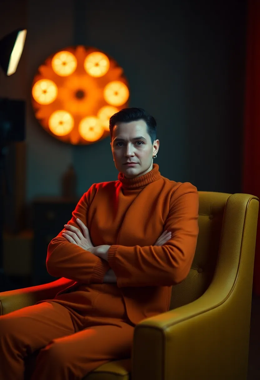 A stylish senior man sits confidently in his chic armchair, exuding charisma and elegance. The dramatic Rembrandt lighting accentuates the contours of his face and the rich textures of his knitted sweater, while the background fades softly into an abstract bokeh. The color grading adds depth, creating a modern and sophisticated portrait that captures his vibrant spirit.