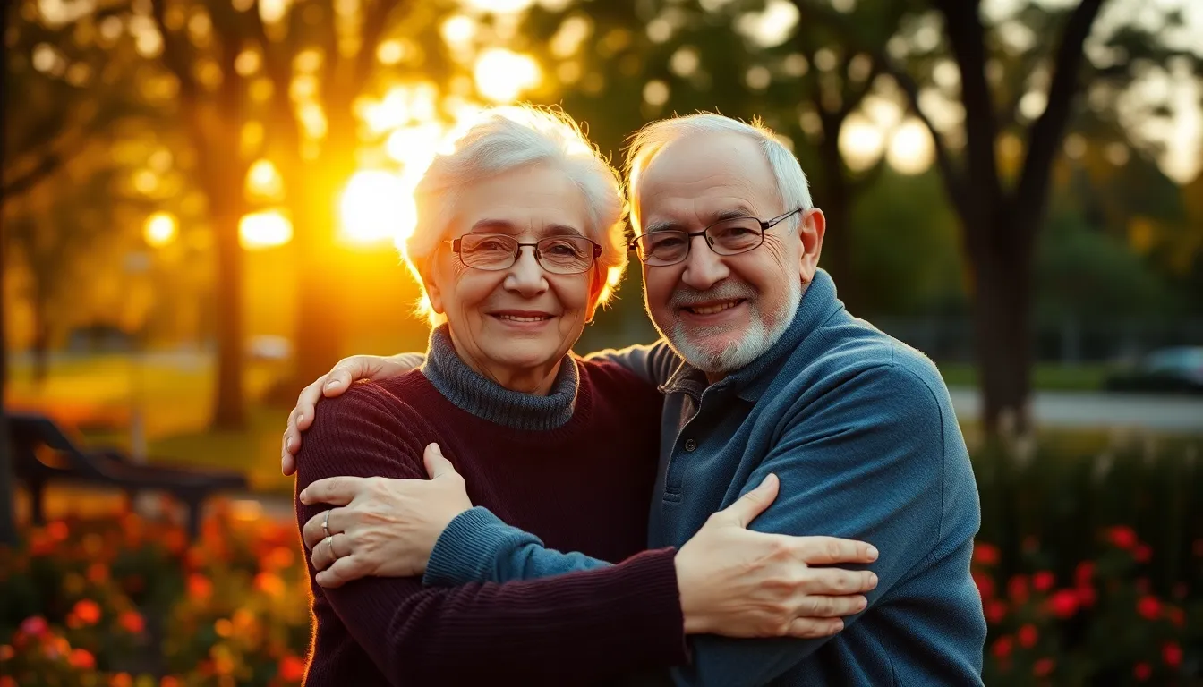 An elderly couple is captured in a tender embrace during golden hour, surrounded by nature's beauty. The warm backlighting creates a romantic glow that highlights their joyful expressions and intimate connection. With the soft bokeh of the park's vibrant flowers and trees surrounding them, the image evokes feelings of love and companionship. This portrayal of enduring affection in later life speaks to the beauty of growing old together.