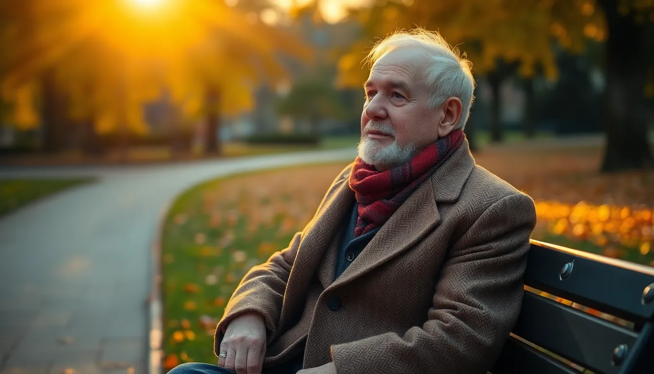 This captivating image features an elderly man lost in thought while sitting on a park bench during golden hour. The warm sunlight highlights his weathered features and the texture of his tweed coat, creating a serene autumnal atmosphere. Surrounded by the rich colors of fallen leaves, the scene evokes feelings of nostalgia and reflection, ideal for themes of aging, wisdom, and nature.