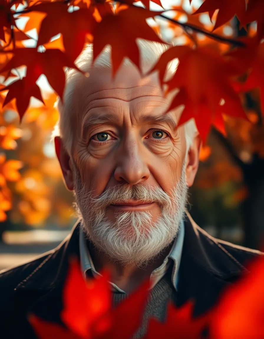 This striking portrait features an elderly man seated in a picturesque autumn park, surrounded by vibrant fall foliage. The warm glow of the late afternoon sun highlights his thoughtful expression and the intricate details of his age. With a soft gray beard and deep-set eyes, his face tells a story of experience and wisdom. The natural muted tones of the scene evoke serenity and calm, making this image a beautiful representation of life’s autumn years.
