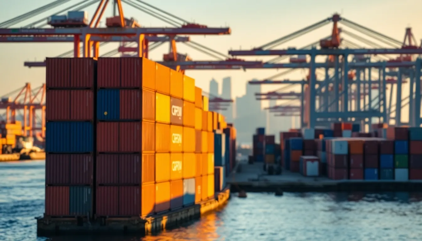 This image showcases a vibrant shipping port during the golden hour, with colorful containers stacked meticulously under the warm sunlight. The blurred background adds depth, emphasizing the dynamic nature of the shipping industry. The contrast of warm oranges and cool blues creates a visually striking scene, while the distant skyline hints at urban life nearby, capturing the essence of global trade and movement.