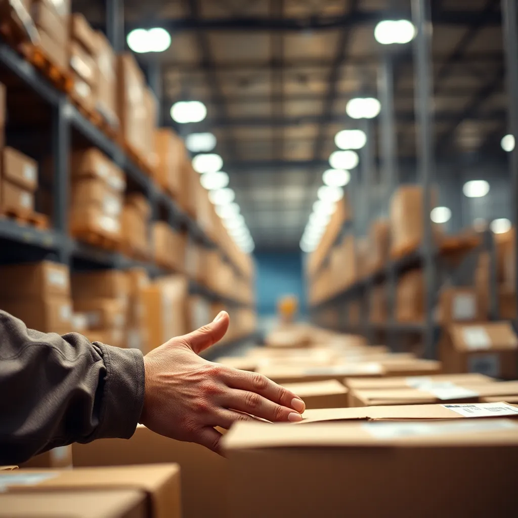 This intimate close-up portrays a diligent warehouse worker sorting packages in a bustling shipping warehouse. The soft overhead lighting bathes the scene in warmth, drawing attention to the intricate details of their hands at work. The subtle earth tones in the background complement the focus on labor, highlighting the essential role of human effort in the shipping industry.