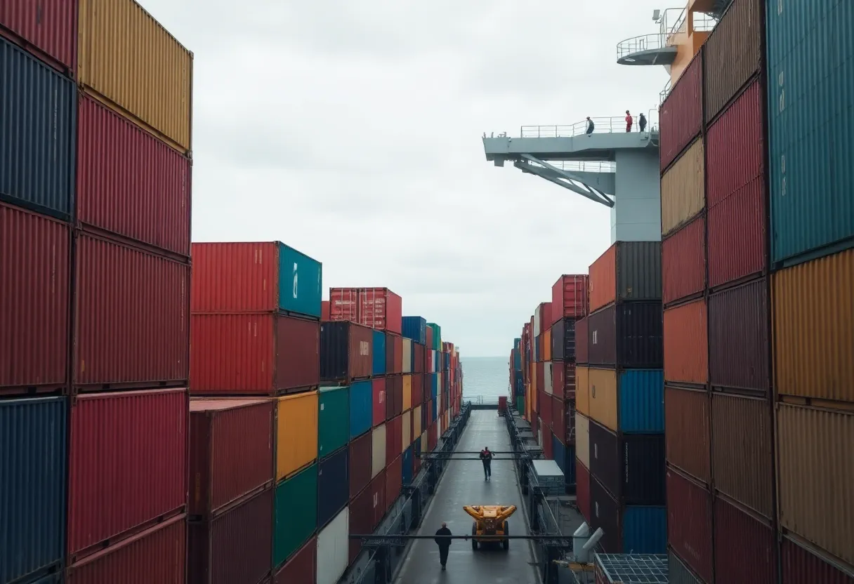 This striking macro shot presents a detailed view of marine cargo containers stacked on a freight ship, showcasing the vibrant colors and textures of the containers against the muted steel structure. Overcast daylight creates a soft, even illumination that enhances the details, while the blurred background emphasizes the scale of the cargo operation. The composition effectively highlights the towering stacks, capturing the essence of maritime logistics.