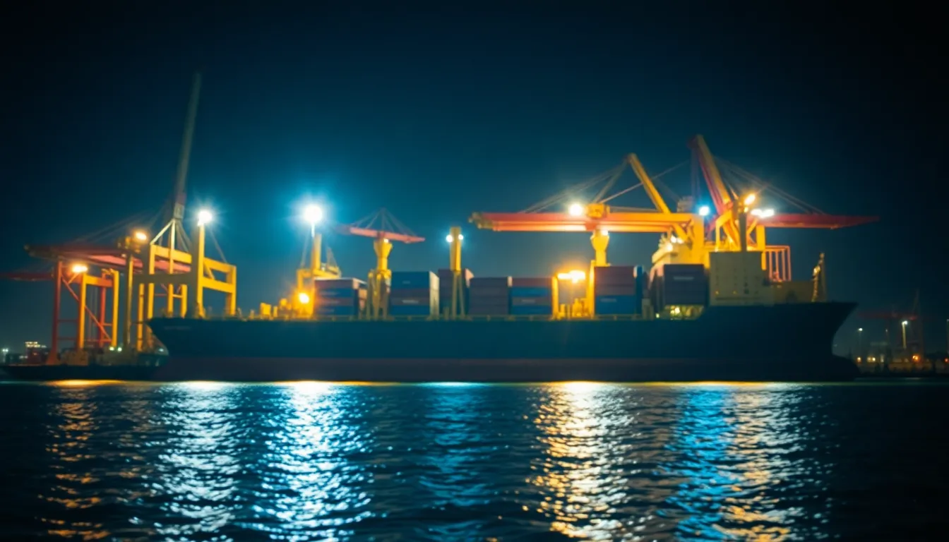 This dramatic nighttime image captures a cargo ship being loaded at a port, illuminated by bright crane lights that create striking contrasts against the dark water. The soft bokeh provides a dreamy quality, while the rich blues and golden hues lend a cinematic feel to the industrial scene. The symmetrical composition draws the viewer into the bustling activity, emphasizing the importance of logistics in global commerce.