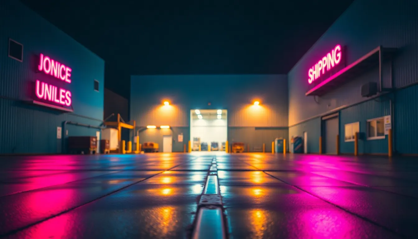 Neon-Lit Shipping Warehouse at Night