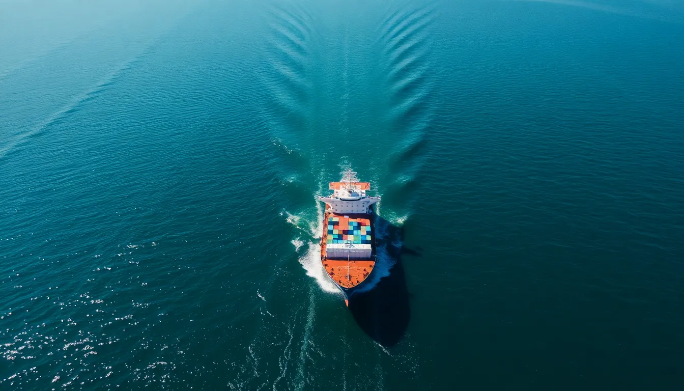 This stunning aerial shot captures a cargo ship gliding through a busy shipping lane, surrounded by the vibrant blue sea. The midday sun creates a striking contrast between the ship and the deep greens and blues of the water, enhancing the sense of movement and activity. The use of leading lines draws attention to the ship’s path, showcasing the vital role of maritime transport in global trade.