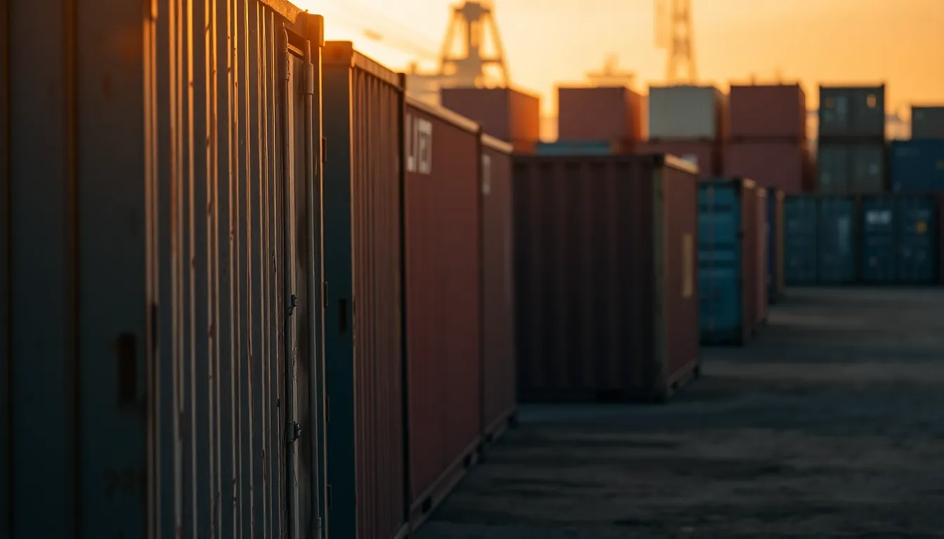 This image captures a cluster of shipping containers during golden hour, illuminated by warm rim lighting, highlighting their textured surfaces. The shallow depth of field draws focus to the rusted metal and peeling paint of the containers, while the soft background creates an intimate feel. The muted tones enhance the industrial atmosphere, showcasing the beauty in decay and the passage of time.