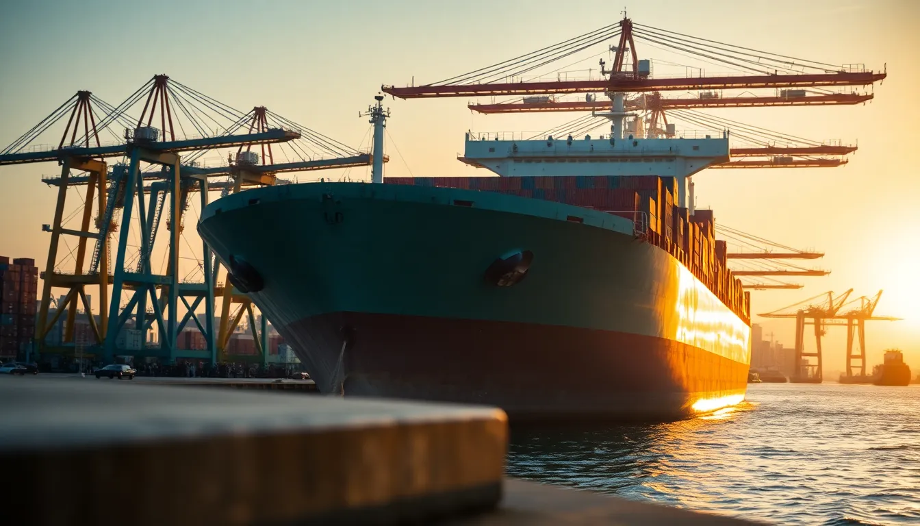 A cargo ship is being loaded with containers during a breathtaking sunset. The golden hour light creates a warm atmosphere, illuminating the scene with a soft glow. The ship's weathered metal surface reflects the colors of the sky while a worker is seen overseeing the loading process. This composition captures the dynamic activity of shipping in an industrial setting.