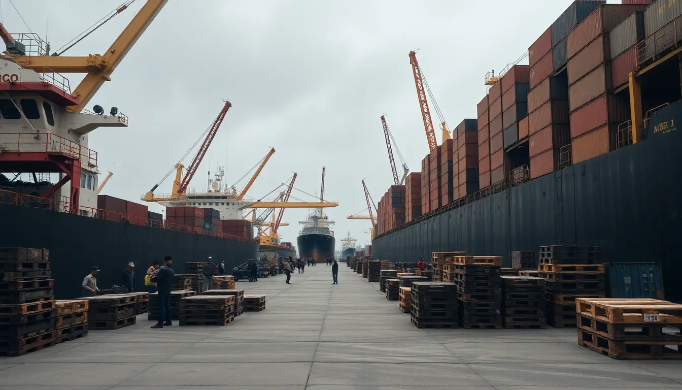 An engaging image of an industrial harbor where workers actively unload cargo from a large ship. The overcast light creates a soft atmosphere, enhancing the colors of the surroundings. The composition utilizes leading lines formed by cranes and pallets, drawing the viewer deeper into the bustling scene. Sharp details across the image reveal the textures of machinery and the labor-intensive environment.