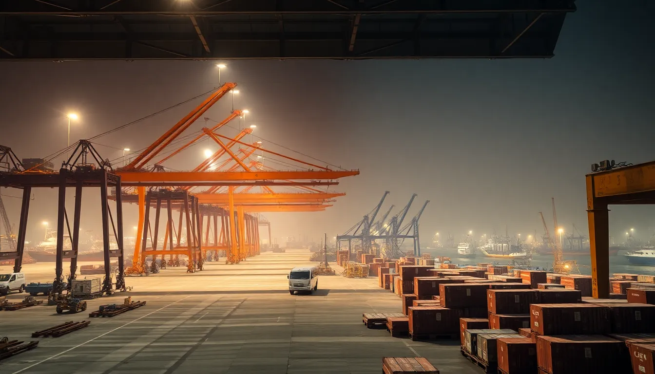 This detailed scene showcases a bustling cargo dock under soft industrial lighting, where towering cranes stand vigilant. The composition captures a range of textures, from the weathered concrete to the steel cranes, with a focus on the sharp details throughout the frame. The muted color palette contributes to the gritty, industrial atmosphere. The cranes positioned using the rule of thirds subtly invite movement through the busy port.