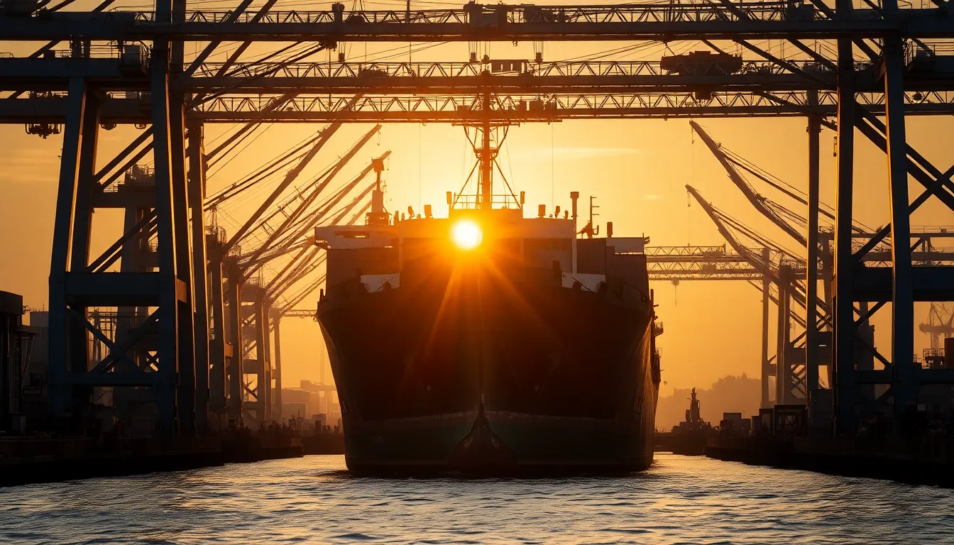 A vintage cargo ship is depicted aglow with warm golden light as it is loaded with goods at dawn. The cranes tower above, contrasting with the ship's weathered textures. This atmospheric scene captures the essence of maritime industry and nostalgia, with soft reflections shimmering in the calm water. The leading lines guide the viewer's eye toward the ship, creating a sense of movement and purpose in this tranquil moment, perfect for celebrating the shipping industry's legacy.