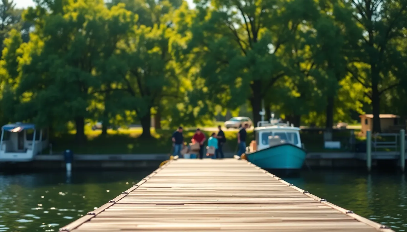 A lively scene capturing the moment as a group of individuals load boxes onto a small boat at dawn. The soft morning light filters through the trees, creating a serene yet dynamic atmosphere. The fresh greens of the foliage contrast beautifully with the earthy tones of the cargo and the warm glow of the morning sun. This image encapsulates the bustling energy of shipping activities amidst the peacefulness of nature.