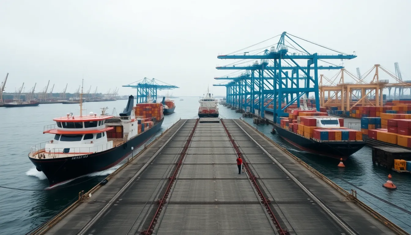 This image captures the vibrancy of shipping activities at a dock on an overcast day. Focused dockworkers hustle amidst the gentle waves, while vessels move in and out, indicating the continuous flow of industry. The soft lighting enhances the calm yet industrious atmosphere, creating a sense of harmony between man and machine. The balanced composition allows viewers to engage with both the intricate details of the dock and the broader scene of activity.