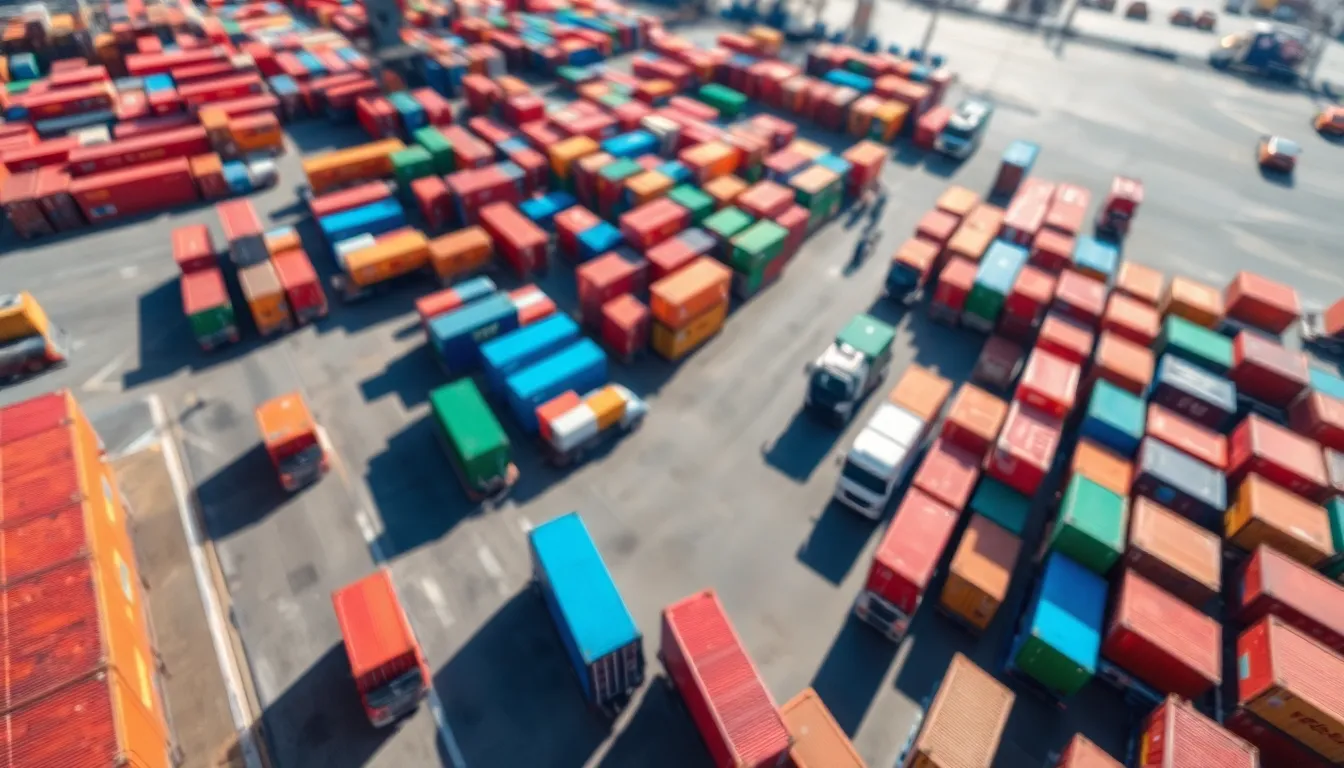 This dynamic aerial image showcases a bustling shipping yard filled with colorful containers and trucks under bright midday sun. The rich and saturated colors of the containers create a lively mosaic against the gray asphalt, enhancing the industrial charm of the scene. A tilt-shift effect gives the image a playful, miniature quality while maintaining sharpness in the foreground. The composition is carefully designed, with vibrant containers prominently placed in the left third, making this image a captivating representation of the shipping industry.