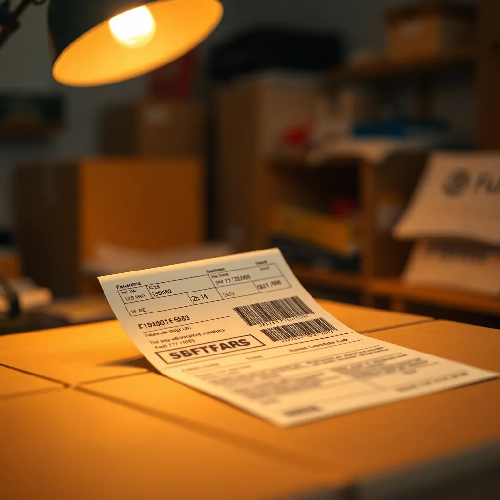 This intimate close-up captures the moment a shipping label is affixed to a cardboard box, illuminated by a warm tungsten desk lamp. The soft glow highlights the textures of the cardboard and label, while a creamy background blur emphasizes the subject. The natural tones create a warm, inviting atmosphere, perfect for illustrating the details of shipping preparations.