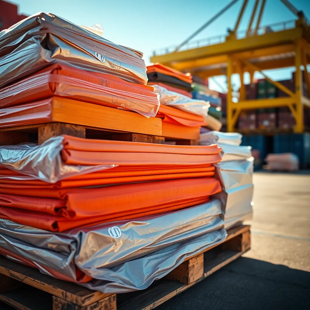 This vibrant close-up image features a shipping palette stacked with assorted cargo, captured in bright daylight. The warm sunlight accentuates the rich colors of the items, bringing out textures and details that tell a story of logistics and trade. The shallow depth of field emphasizes the tactile experience of the materials, making this shot not only lively but also informative about the shipping industry.