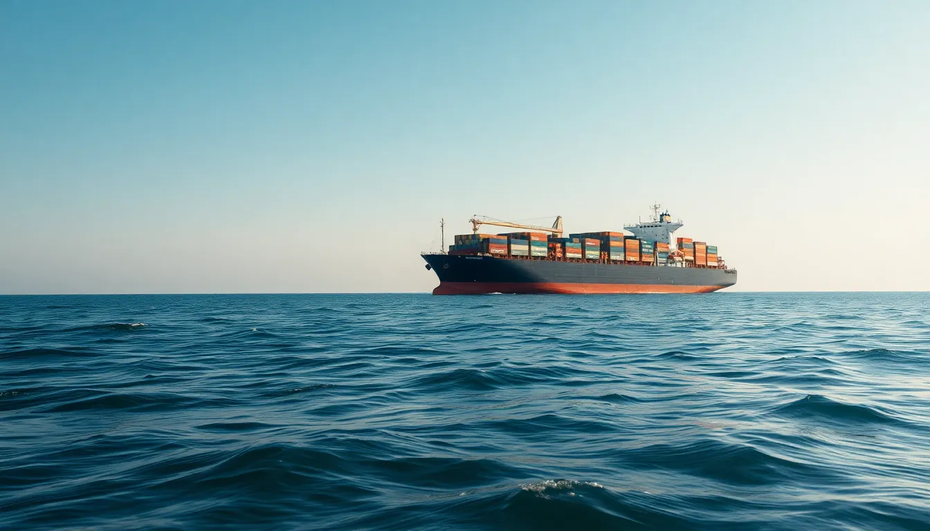 A majestic cargo ship rests on the horizon of a calm sea, under a bright blue sky. The image captures the serene atmosphere with gentle waves reflecting the soft daylight. The symmetrical layout emphasizes the ship’s grandeur in the expansive landscape, showcasing the harmony between industry and nature. This tranquil setting is perfect for conveying the vastness of maritime shipping.