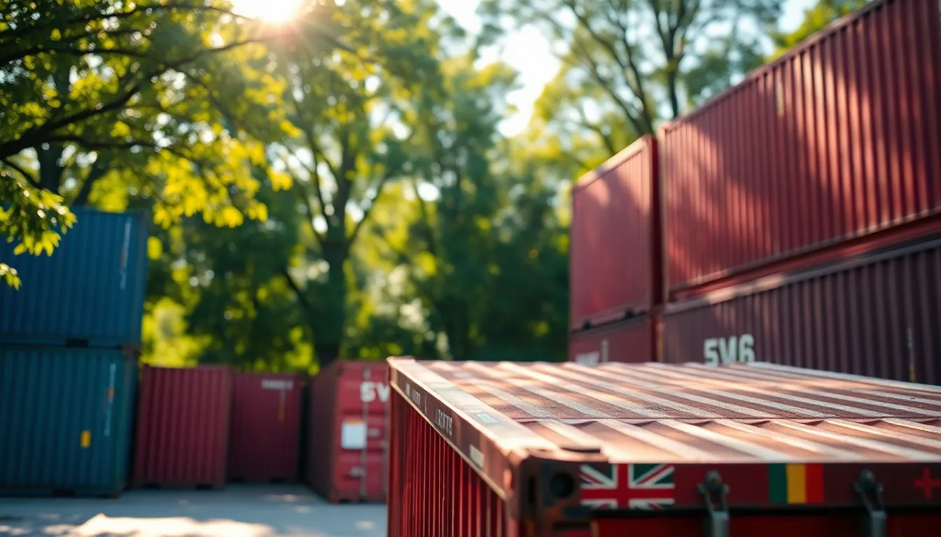 A captivating image of colorful cargo containers within a shipping yard, illuminated by dappled sunlight filtering through surrounding trees. The selective focus on a single container creates a striking contrast against the lush greenery, enhanced by saturated colors inspired by Fujifilm Velvia. Leading lines formed by the containers guide the viewer's eye into the composition, creating a dynamic and immersive scene.