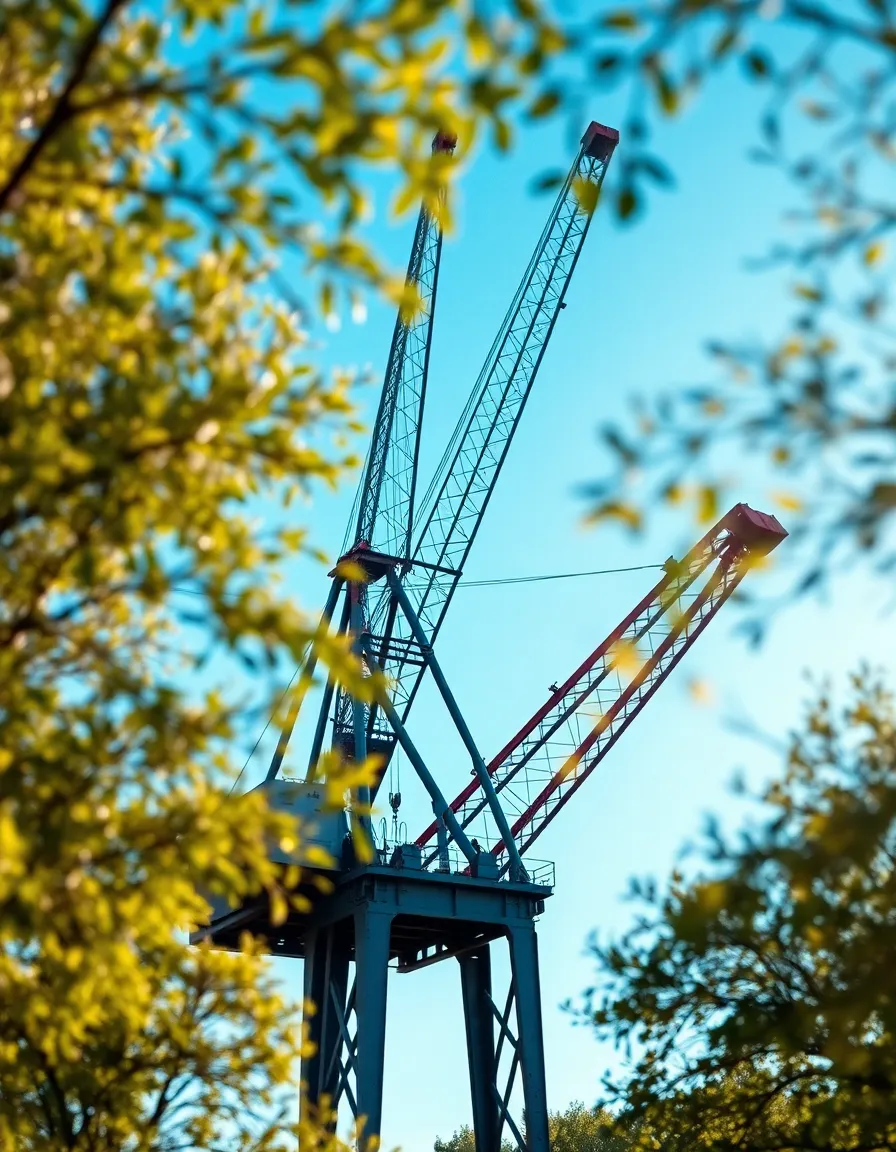 This image presents an industrial shipping crane standing tall amidst a lush green landscape. The dappled sunlight creates a beautiful interplay of light and shadow, highlighting the crane's textures against the backdrop of trees. The focus on the crane emphasizes its engineering details, while the soft bokeh of foliage adds an organic feel. Muted colors enhance the scene's calmness, merging industry with nature in perfect harmony.
