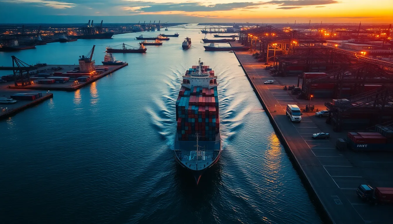 This breathtaking aerial image depicts a container ship navigating through a busy harbor at dusk, illuminated by the warm light of the setting sun. The vibrant blues of the water reflect the stunning oranges and pinks of the sky. Leading lines formed by the docks guide the viewer's attention toward the ship, encapsulating the dynamic energy of the shipping industry.