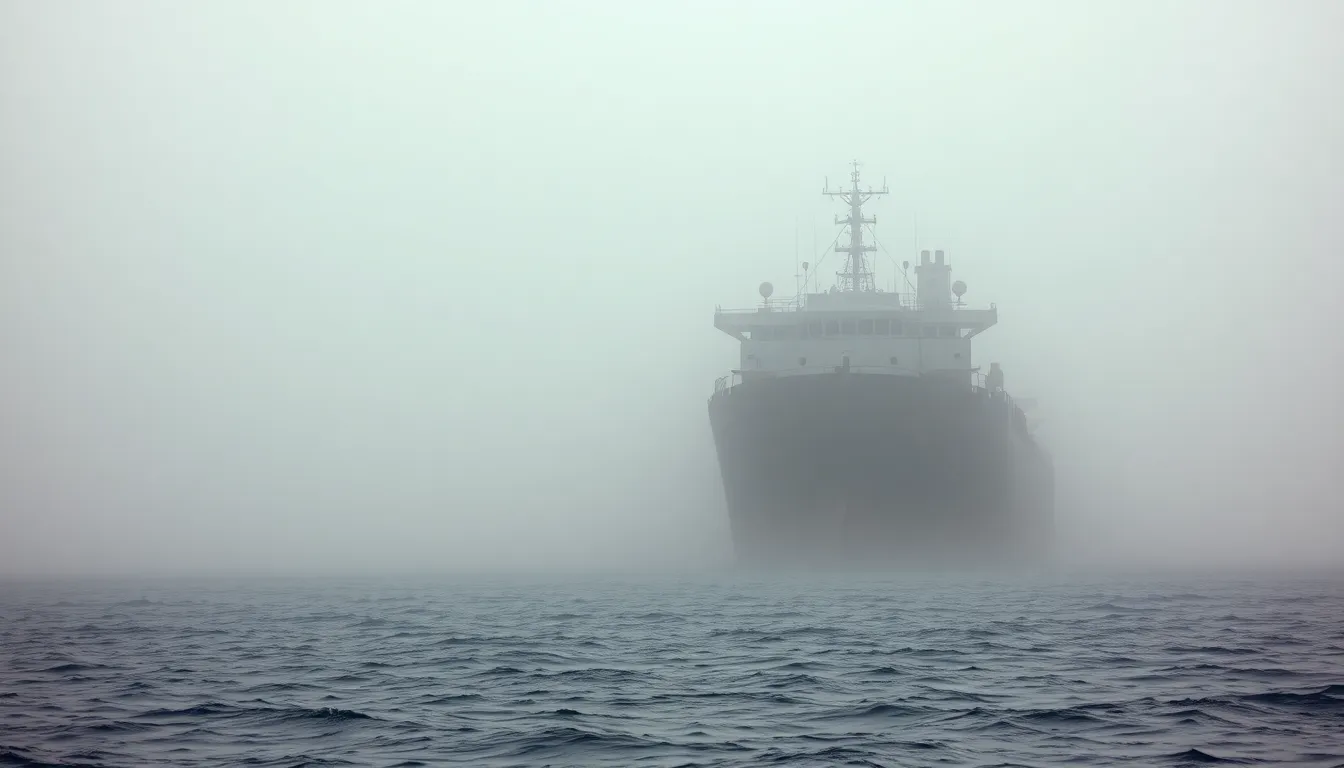 This ethereal photograph captures a cargo ship emerging from the morning mist, creating a dramatic and atmospheric scene. The mist adds layers to the image, enhancing the depth while the muted tones evoke a sense of tranquility. The solitary ship, detailed with rust and weathering, stands out against the soft background, embodying the silent power of the shipping industry.