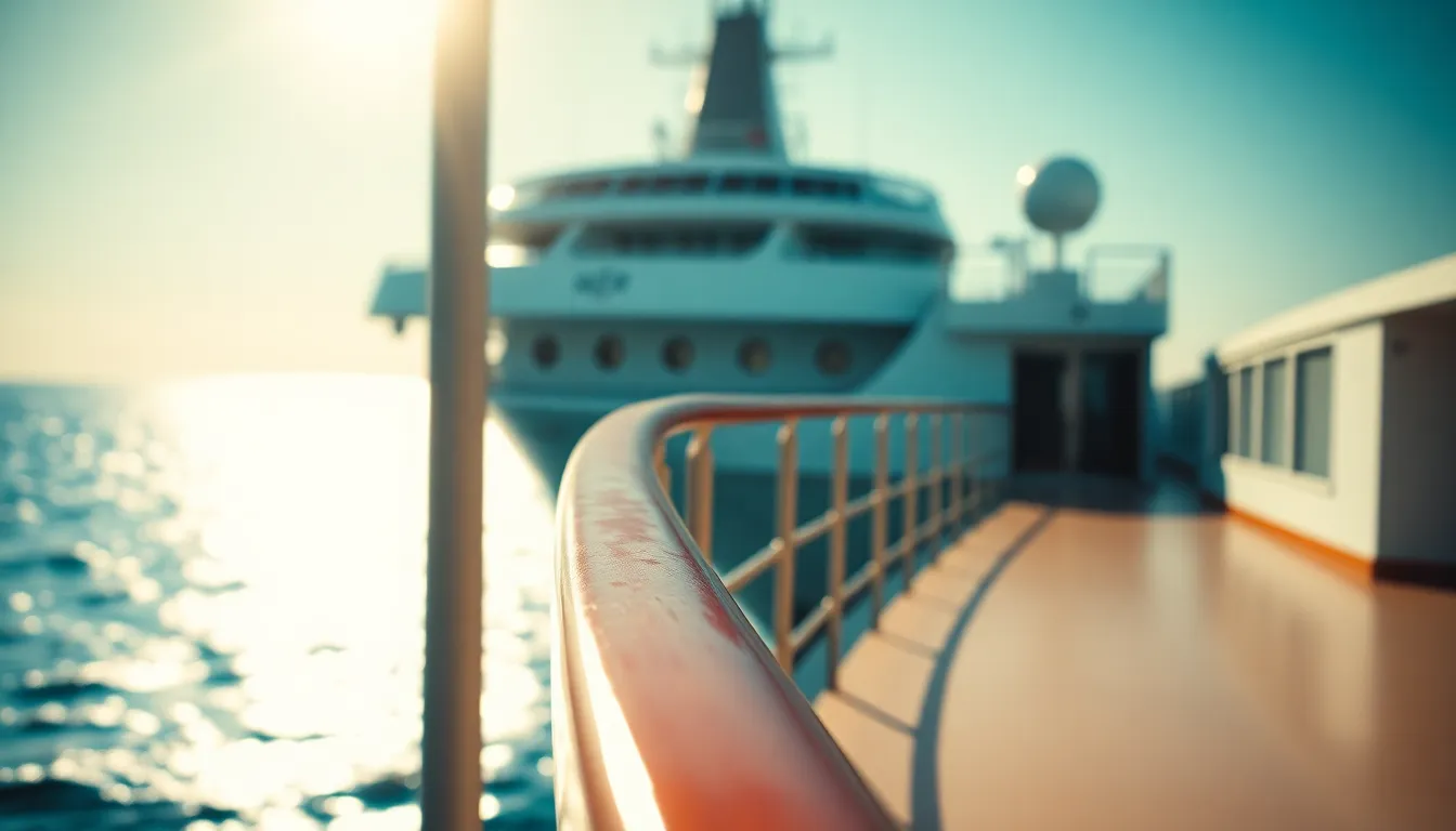 A captivating view from the deck of a container ship, framed by its railings, accentuates the expansive ocean beyond. The bright midday light casts soft shadows, while the teal and orange color grading emphasizes the vibrancy of the nautical setting. A shallow depth of field ensures the ship's details remain crisp against the blurred ocean backdrop. This image effectively represents the blend of technology and nature in shipping.