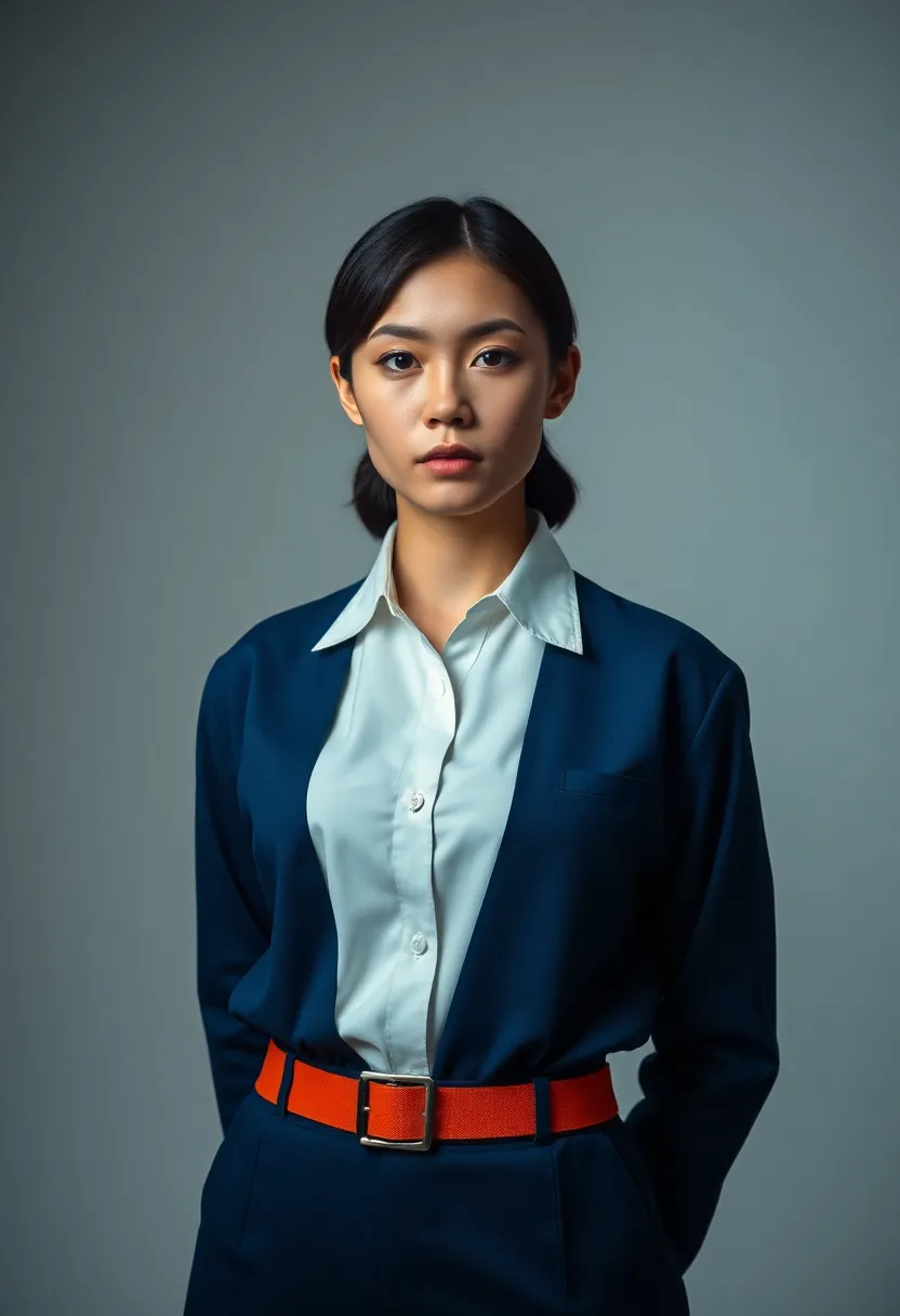 A confident model stands amidst a professional studio setup, showcasing a crisp shipping company uniform. The image is perfectly lit with a three-point light setup, creating soft highlights and shadows that define the model's features. A cinematic teal and orange color grading enhances the overall visual impact, emphasizing the professionalism within the shipping industry. The centered composition draws attention to the model's strong presence, making it an ideal representation of modern shipping practices.