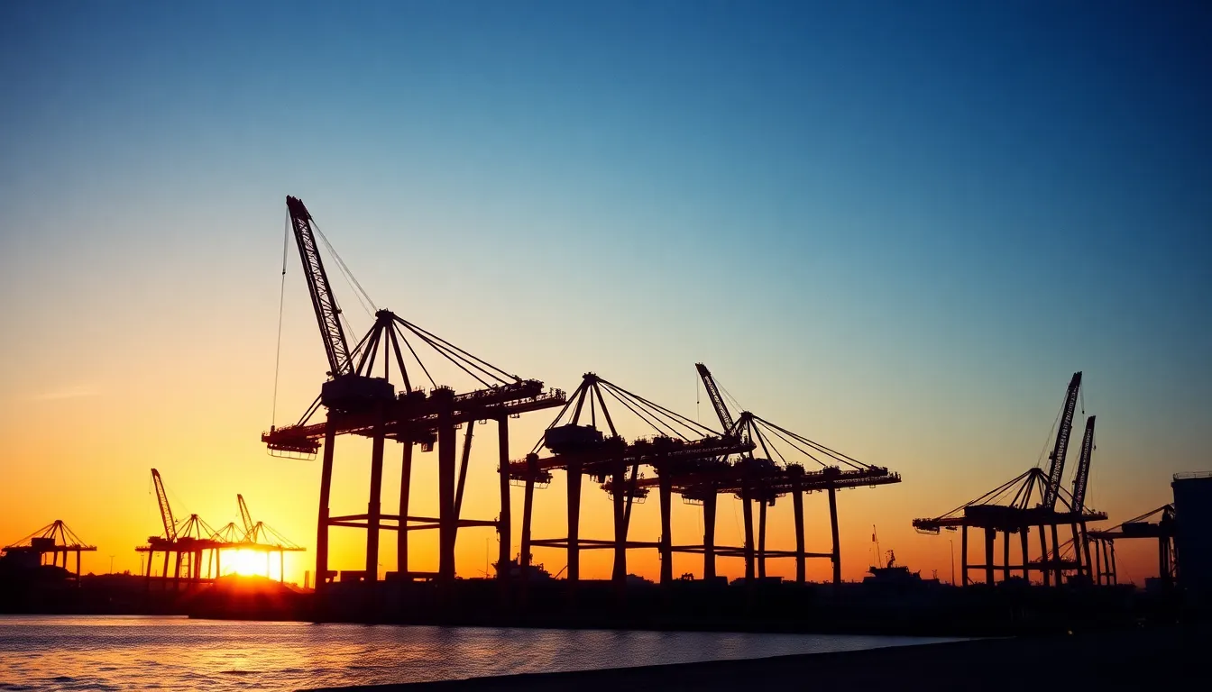 A striking photograph of shipping cranes silhouetted against a vibrant sunset, with warm natural light casting dramatic shadows on the dock below. The image captures the dynamic lines and forms of the cranes while maintaining sharp detail across the scene thanks to hyperfocal depth of field. The Kodak Portra color palette adds a soft, warm glow to the image, enhancing the overall mood and creating an atmospheric industrial landscape.