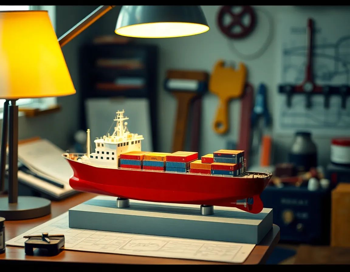 This elegant photograph features a meticulously crafted model of a cargo ship illuminated by warm tungsten lighting in an office environment. The shallow depth of field beautifully blurs the background, drawing attention to the details of the ship's deck and containers. The warm tones from the Kodak Portra palette create a cozy atmosphere, while the centered composition emphasizes the model's significance amidst the workspace.