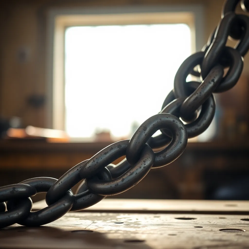 This compelling close-up image showcases a massive chain used for securing cargo, bathed in natural light streaming through a workshop window. The shallow depth of field draws attention to the intricate details of the chain while the background fades softly into a blur. The muted metallic tones enhance the industrial atmosphere, offering a glimpse into the raw materials of shipping.