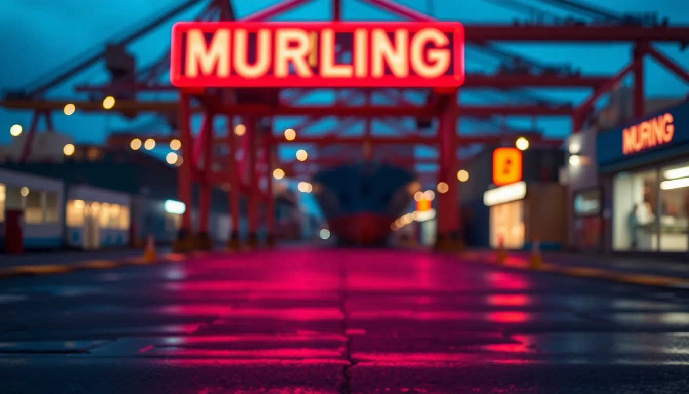 A visually striking photograph of a shipping dock illuminated by colorful neon signage at dusk. The wet pavement reflects the vibrant blue and magenta hues, creating a captivating play of light. The shallow depth of field softens the background while drawing attention to the vivid colors, enhanced by cinematic color grading. The centered symmetry adds to the composition's impact, making it a compelling urban scene.