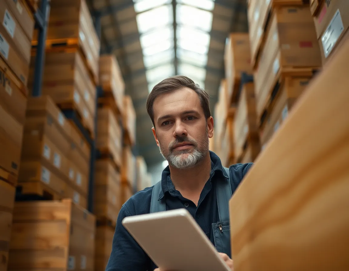 In this image, a warehouse worker inspects wooden cargo crates in a spacious shipping facility, illuminated by soft, diffused daylight. The selective focus emphasizes the worker's concentration, while the blurred surroundings provide context without distraction. The warm skin tones and natural textures highlight the human element within the industrial setting, creating an engaging narrative.