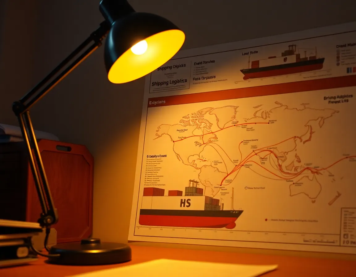 A close-up of a shipping clerk meticulously sorting through paperwork under warm tungsten lighting, creating a cozy yet professional workspace. The image captures the details of the clerk's focused hands as they manage shipping documents, with a shallow depth of field blurring the cluttered desk in the background. The warm tones contrast beautifully with subtle teal accents, enhancing the work environment's atmosphere.