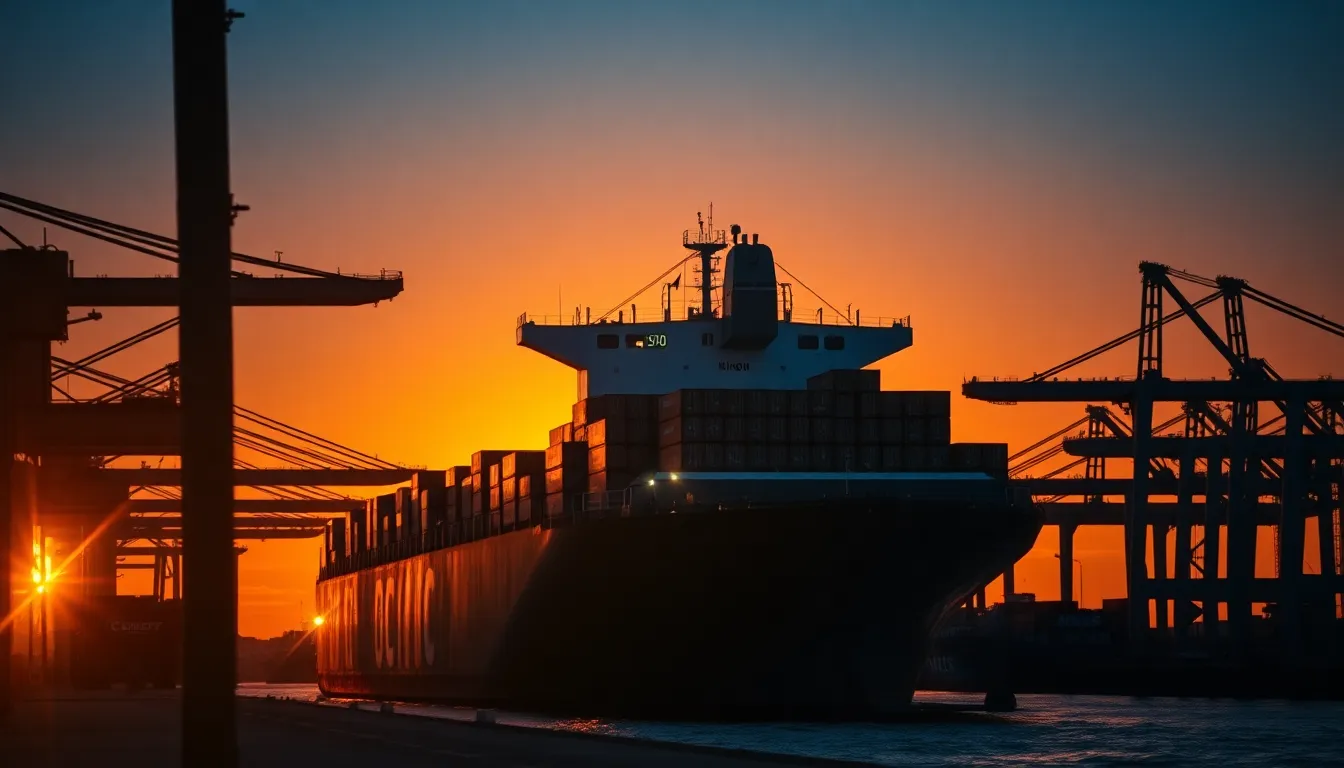 This breathtaking image features a cargo ship silhouetted against a vibrant sunset, with warm tones of gold and deep blue creating a dramatic contrast. The hyperfocal depth of field ensures every element, from the ship to the cranes in the background, is sharply focused. The warm rim light highlights the contours of the ship, while busy port activity is visible, evoking feelings of industry and commerce. Overall, this scene encapsulates the hustle of shipping at twilight.