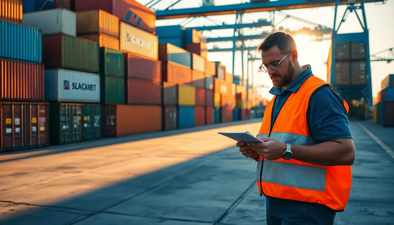 This image showcases a busy shipping dock bathed in golden hour light, featuring colorful containers stacked high against the backdrop of a clear blue sky. A focused worker in a safety vest stands at the foreground, checking paperwork amidst the hustle and bustle of the industrial setting. The warm tones of the sunlight create long shadows and vibrant colors, emphasizing the textures of the rusted containers and concrete surfaces. The composition draws the eye through the dynamic scene, making it a vivid depiction of the shipping industry.