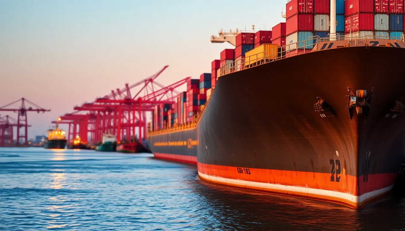 A large container ship sits majestically at a bustling harbor as the sun sets, casting a warm glow over the scene. Cranes loom in the background, emphasizing the industrial atmosphere. The warm colors of the sunset reflect in the water, creating a tranquil yet busy mood. This dynamic composition highlights the intricate textures of the ship’s hull against the smooth sea, perfect for conveying the essence of shipping and logistics.