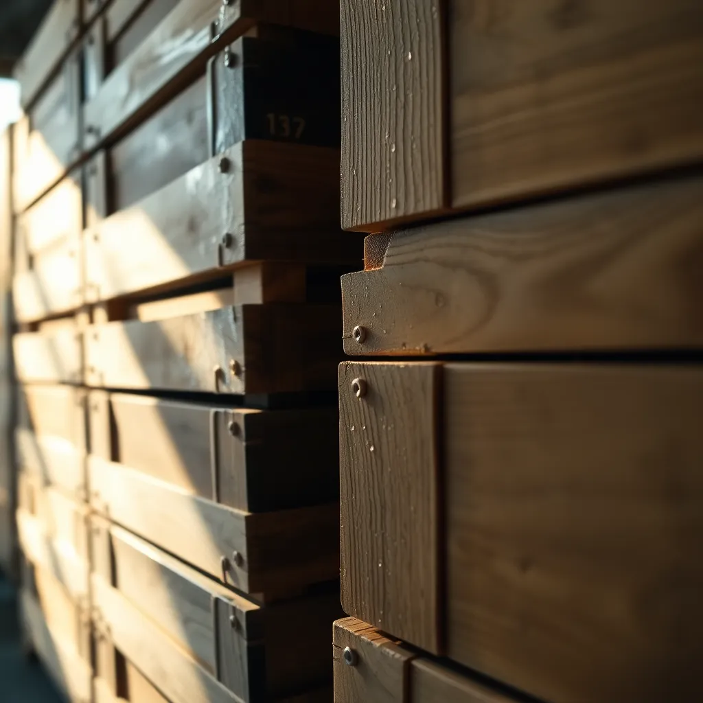 This close-up image captures the intricate details of stacked shipping crates, revealing the natural grain of the wood and the robust metal fastenings. Morning dew adds a fresh touch, glistening in the soft daylight and emphasizing the textures. The gentle focus draws attention to the craftsmanship and durability of shipping materials, presenting an intimate view of the shipping process. This image is ideal for showcasing the beauty of industrial design.