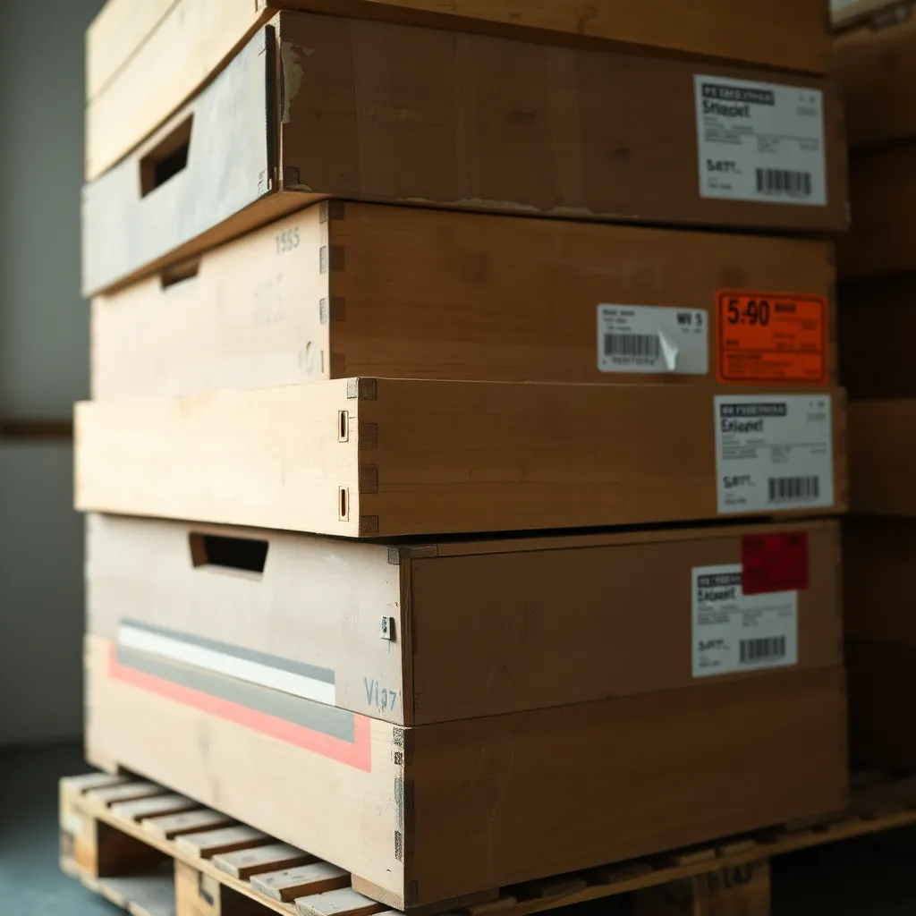 This captivating close-up showcases a stack of shipping crates, revealing the intricate details of their weathered wood and peeling paint. The vibrant colors of shipping labels add a pop against the natural texture, inviting viewers to explore the craftsmanship. Subtle diffused daylight provides a gentle illumination that enhances the overall warmth and character of the scene, while a soft bokeh background keeps the focus on the crates. A rich earthy color palette underscores the rustic and industrial nature of shipping materials.