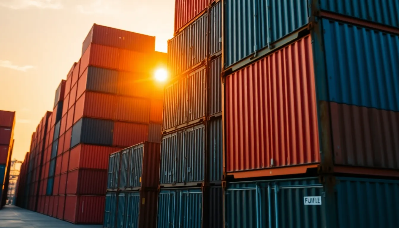 This image features an array of shipping containers stacked high, bathed in the warm glow of a sunset. The rich colors of the sky complement the containers, creating a striking visual contrast. The careful composition leads the viewer's gaze through the graphic lines of the containers, while the detail in the surface textures brings an industrial aesthetic to life. It encapsulates the dynamic atmosphere of a shipping yard at dusk, blending nature with industry.