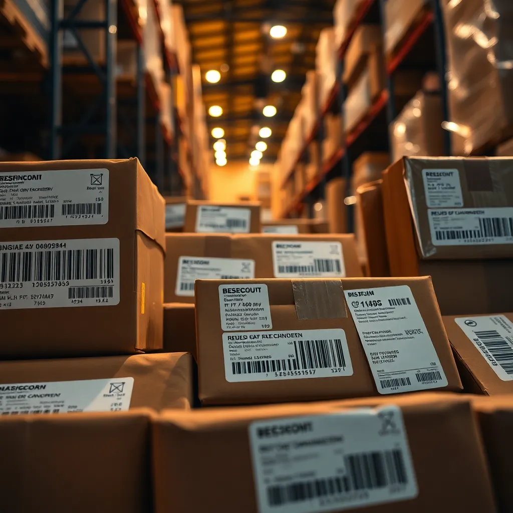 This close-up image captures the intricate details of shipping labels on stacked packages in a cozy warehouse setting. Warm tungsten lighting enhances the rich colors and textures of the cardboard, highlighting the fine printing details. The shallow depth of field draws the viewer's attention to the barcodes and text, while the leading lines of the package arrangement create a dynamic flow. This image embodies the precision and organization of the shipping process, showcasing the behind-the-scenes of the industry.